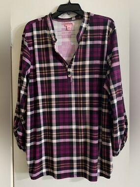 Feathers maternity Purple Plaid Henley Tunic with Button Placket oh so soft